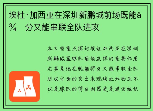 埃杜·加西亚在深圳新鹏城前场既能得分又能串联全队进攻
