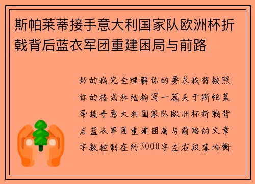 斯帕莱蒂接手意大利国家队欧洲杯折戟背后蓝衣军团重建困局与前路