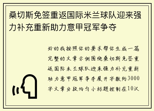 桑切斯免签重返国际米兰球队迎来强力补充重新助力意甲冠军争夺