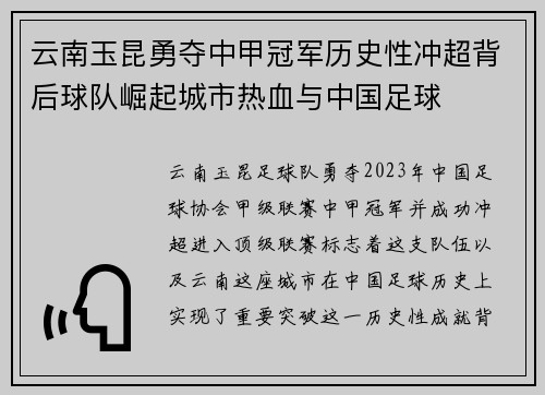 云南玉昆勇夺中甲冠军历史性冲超背后球队崛起城市热血与中国足球